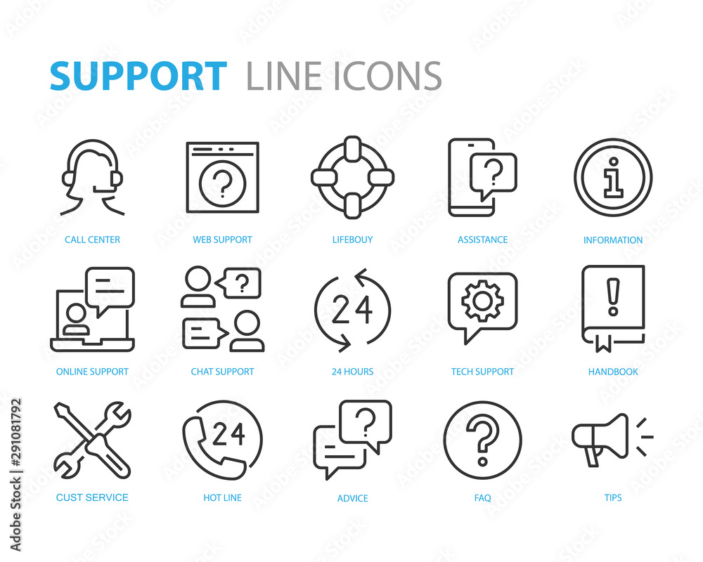 set of support icons, help, customer service, info, assistant, advise - obrazy, fototapety, plakaty 