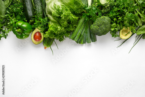 Vegetable protein source. Top view healthy food clean eating. Green vegetable on white background top view