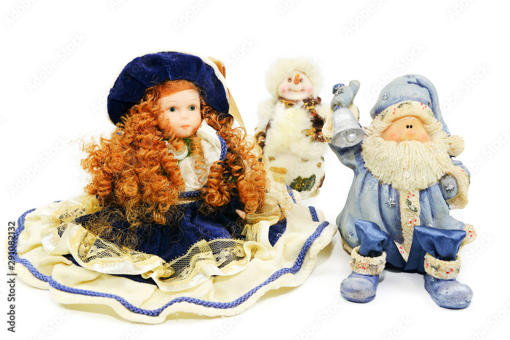 Clay figurines Christmas Santa Claus blue, red doll in hat and snowman for holiday on isolated background Clay figurines Christmas Santa Claus blue, red doll in hat and snowman for holiday on isolated background