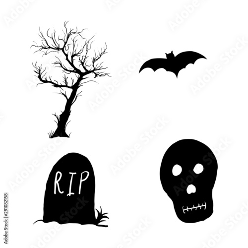 halloween vector illustration. halloween icon. dead tree, bat, headstone and skull icon