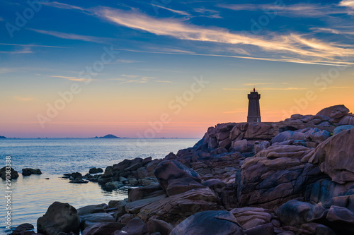 The incredible Pink Granite Shore near the village of Plumanach at sunrise.The coast of Pink Granite is a unique place in Brittany. France photo