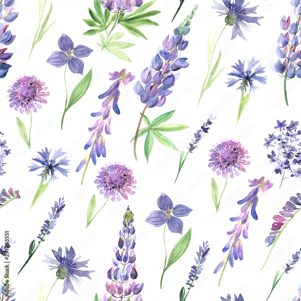 Watercolor wild flowers seamless pattern