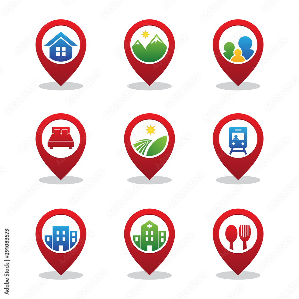Set pin pointer icon GPS navigation element for map with red color Set pin pointer icon GPS navigation element for map with red color
