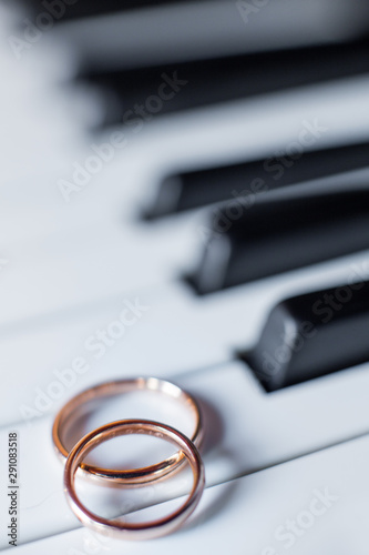 Close up of two golden wedding rings lying on a grand piano keys