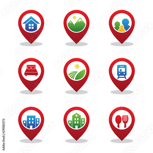 Set pin pointer icon GPS navigation element for map with red color Free Download Set pin pointer icon GPS navigation element for map with red color - GFXLoad