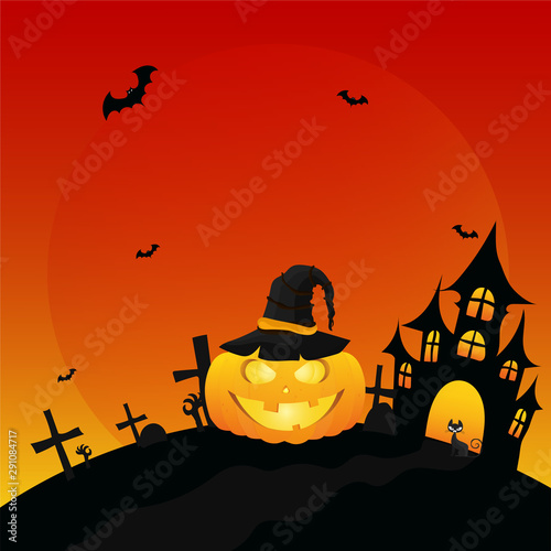 Halloween banner. Red Sky. Pumpkin  castle  bats  black cat. Halloween attribute