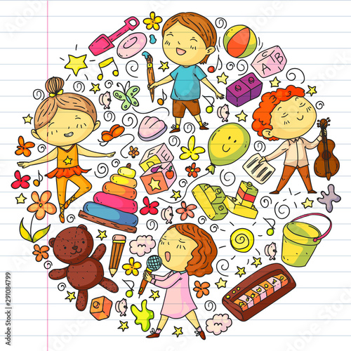 Drawing on exercise notebook in colorful style. Painted by hand style seamless pattern on the theme of childhood. Vector illustration for children design.