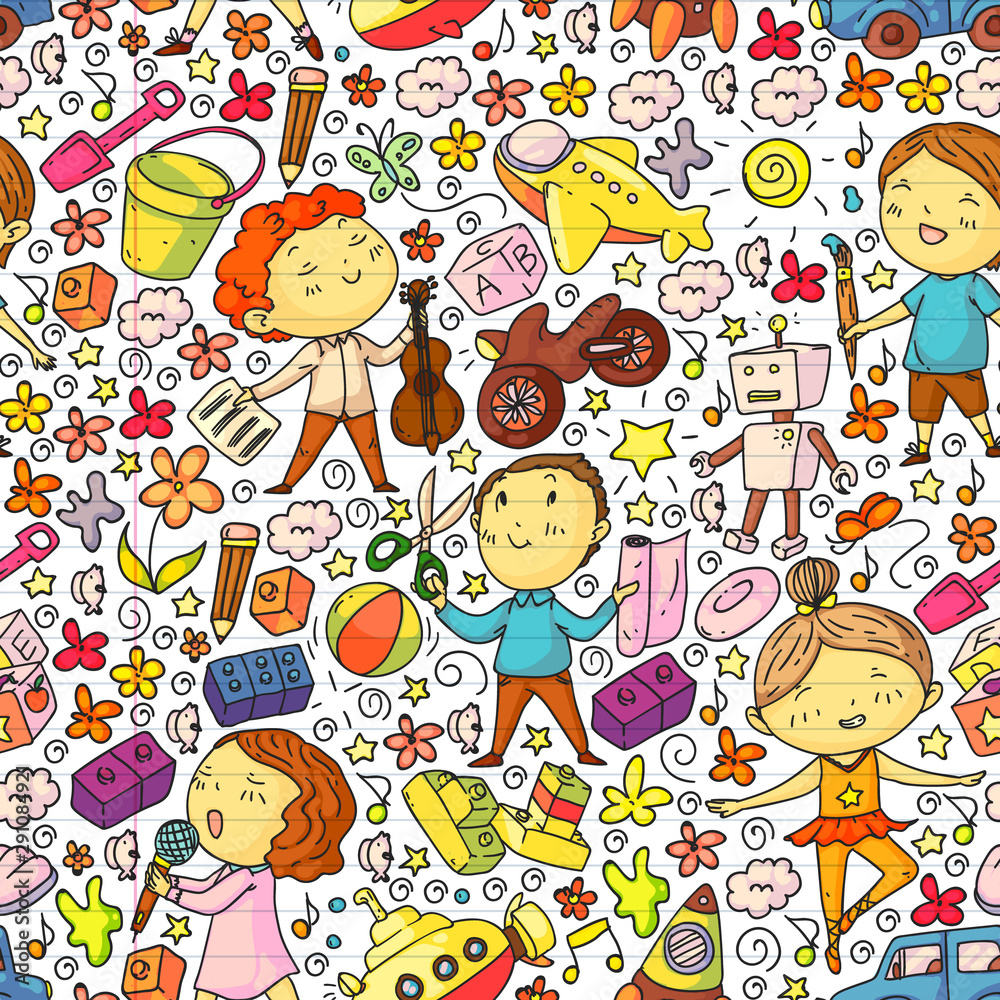 Fototapeta premium Drawing on exercise notebook in colorful style. Painted by hand style seamless pattern on the theme of childhood. Vector illustration for children design.