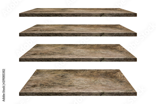 Wood shelves table top collection isolated on white background. Clipping path include in this image. photo