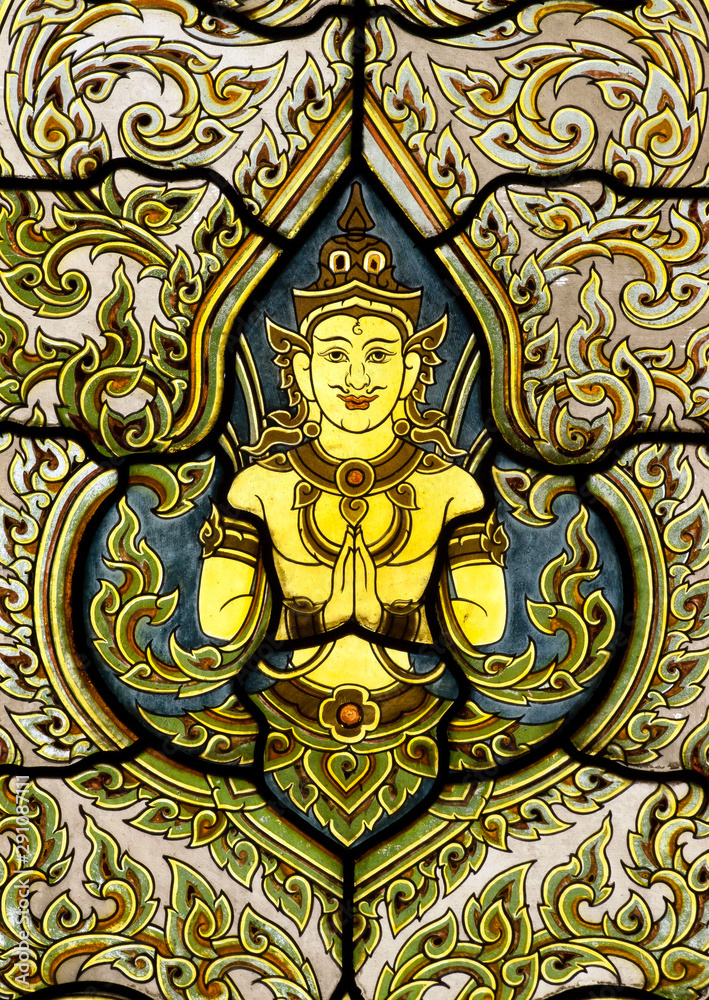 Stained glass window of angel, Wat Benjamobopith, Bangkok Thailand