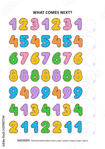 Basic skills practice logic game with colorful polka-dot numbers. Training sequential pattern recognition skills: What comes next in the sequence? Answer included.