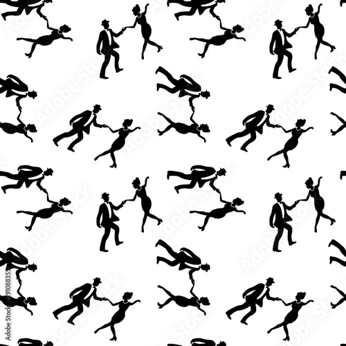 Seamless pattern with couples dancing jazz. Black and white colors. 1940s and 1930s style. Woman with beads and man with bow tie and hat.