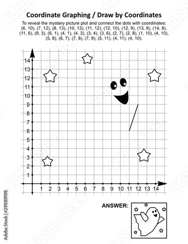 Coordinate graphing, or draw by coordinates, math worksheet with Halloween cute little ghost: To reveal the mystery picture plot and connect the dots with given coordinates. Answer included.