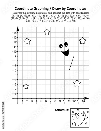 Coordinate graphing, or draw by coordinates, math worksheet with Halloween cute little ghost: To reveal the mystery picture plot and connect the dots with given coordinates. Answer included.