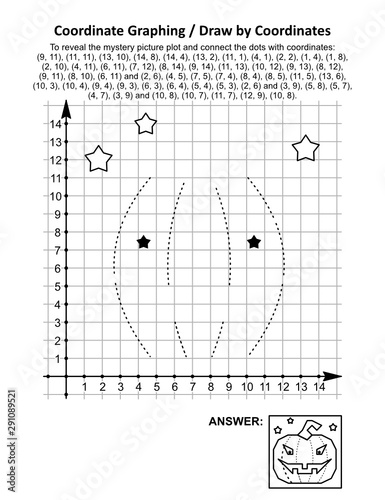 Coordinate graphing, or draw by coordinates, math worksheet with Halloween pumpkin: To reveal the mystery picture plot and connect the dots with given coordinates. Answer included.