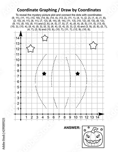 Coordinate graphing, or draw by coordinates, math worksheet with Halloween pumpkin: To reveal the mystery picture plot and connect the dots with given coordinates. Answer included.
