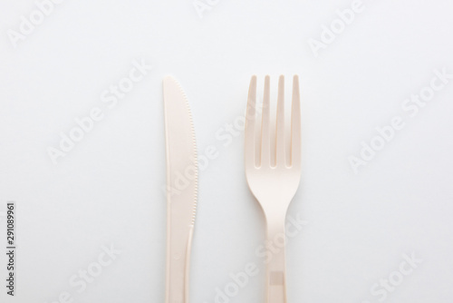 Biodegradable plastic spoon  fork and lunch box on white background isolate