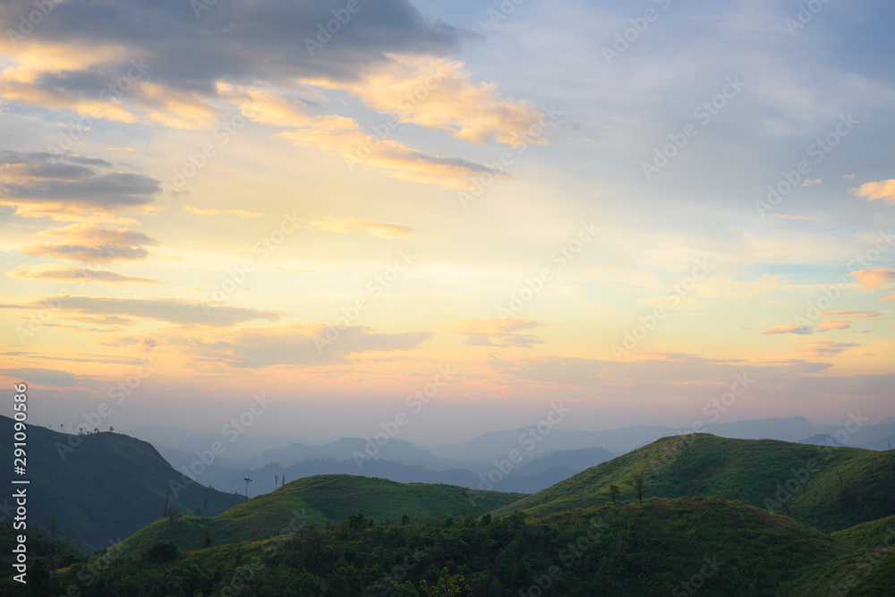 Silhouette of Mountain With Fluffy Clouds during Sunrise at Noen Chang Suek, Kanchanaburi, Thailand