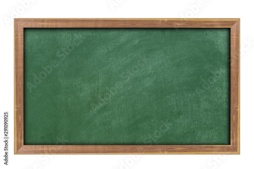 Empty green chalkboard with wooden frame isolated on white background. With copy space for text.