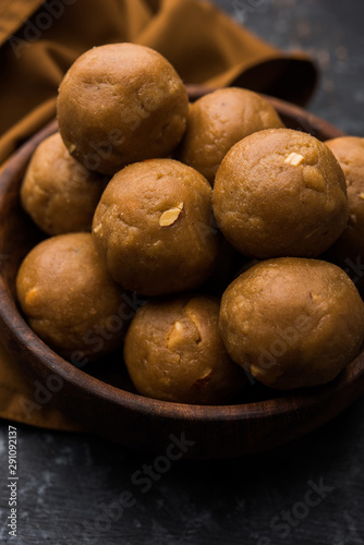 Churma Ladoo   atta laddoo   wheat flour laddu made using ghee and jaggery or sugar. selective focus