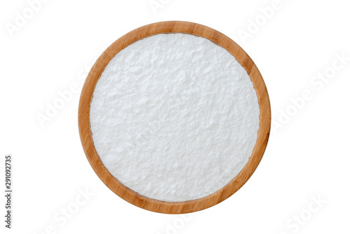 Top view tapioca starch powder in wooden bowl background isolate photo
