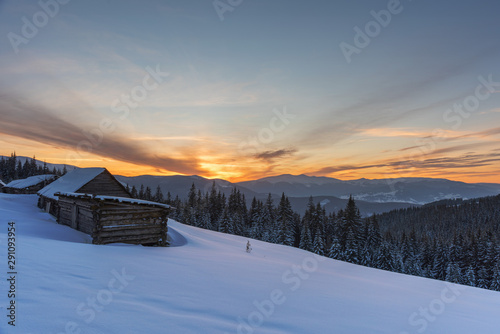 Winter landscapes of Ukrainian Carpathians with fog and snow mountain peaks © reme80