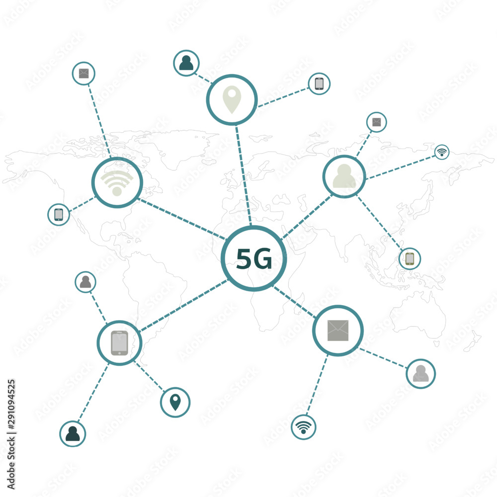 5G infographic and world map, connecting people with online communication. 5G infographic and world map, connecting people with online communication.
