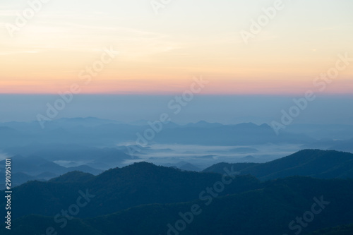 Sea of mist, fog and cloud mountain valley landscape