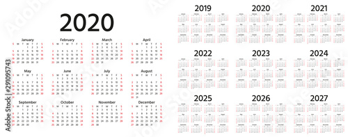 Calendar 2020, 2019, 2021, 2022, 2023, 2024, 2025, 2026, 2027 years. Vector. Week starts Sunday. Stationery template in minimal design. Yearly calender organizer for weeks. Landscape orientation.