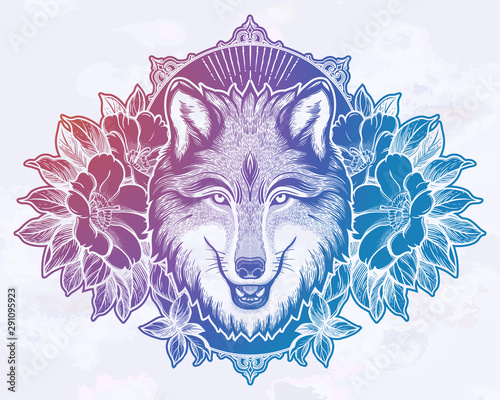 Portrait of a wolf on a background of mountain landscape.Dreamy magic art. Night, nature, wicca symbol. Isolated vector illustration. Great outdoors, tattoo and t-shirt design.