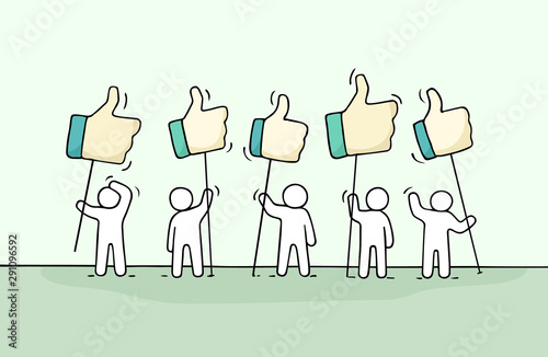 Crowd of working little people with like sings.