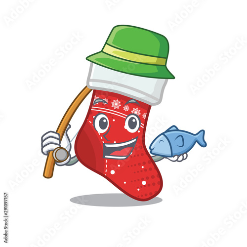 Fishing christmas stocking character shaped in cartoon
