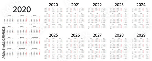 Calendar Spanish 2020, 2021, 2022, 2023, 2024, 2025, 2026, 2027, 2028, 2029 years. Vector. Week starts Monday. Stationery calender template. Yearly organizer in minimal design. Portrait orientation.