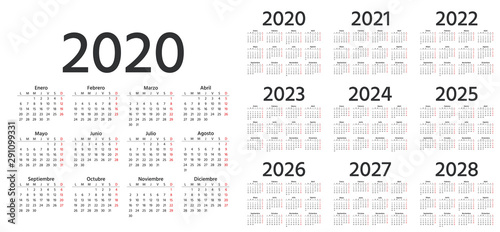 Calendar Spanish 2020, 2021, 2022, 2023, 2024, 2025, 2026, 2027, 2028 years. Vector. Week starts Monday. Stationery calender template in minimal design. Yearly organizer. Business illustration.