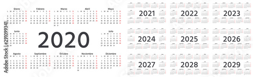 Calendar Spanish 2020, 2021, 2022, 2023, 2024, 2025, 2026, 2027, 2028, 2029 years. Vector. Week starts Monday. Stationery calender template. Landscape orientation. Yearly organizer in minimal design photo
