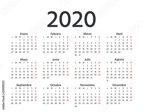 Spanish Calendar 2020 year. Vector. Week starts Monday. Spain calender template. Yearly stationery organizer in minimal design. Horizontal landscape orientation.