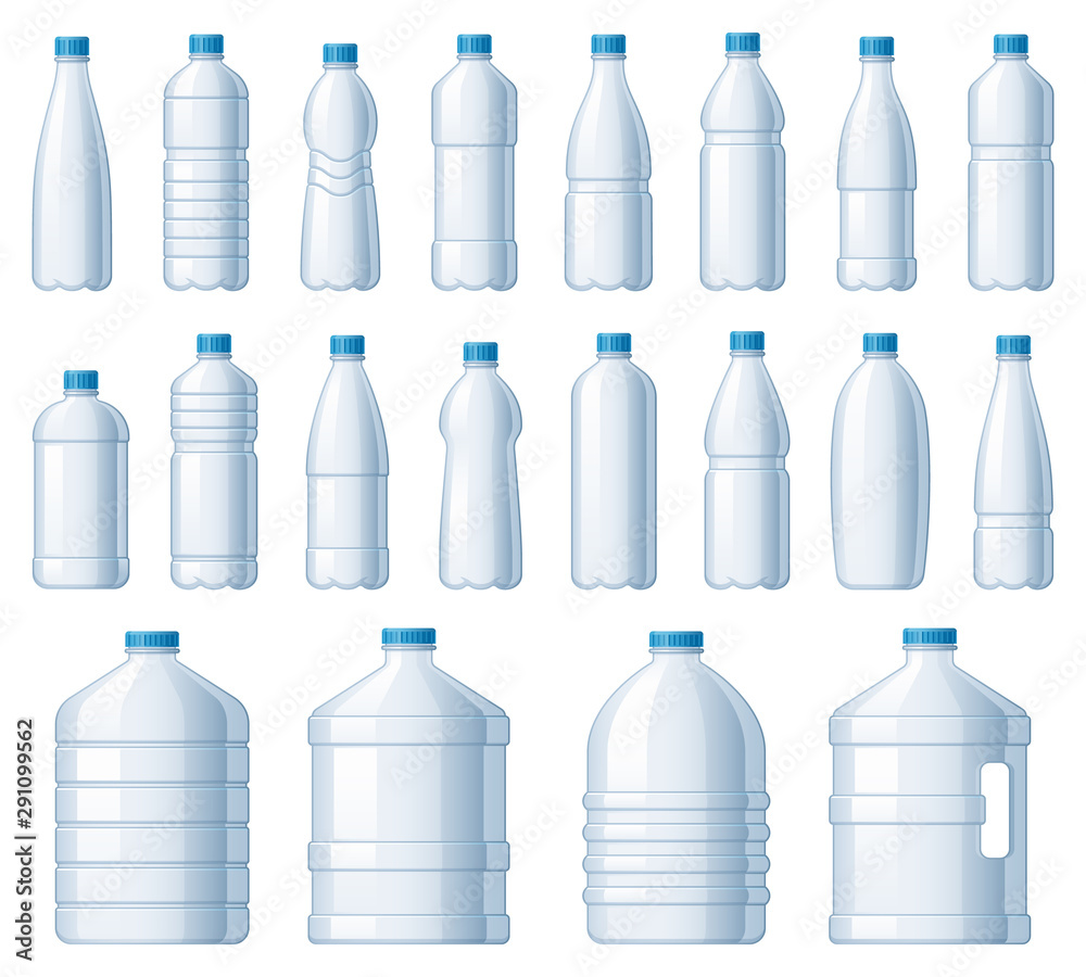 Plastic bottles. Water cooler bottle, PET package for liquids and soda drink beverage. Liquid bottles storage, fresh cold water empty packages. Isolated vector illustration icons set Plastic bottles. Water cooler bottle, PET package for liquids and soda drink beverage. Liquid bottles storage, fresh cold water empty packages. Isolated vector illustration icons set