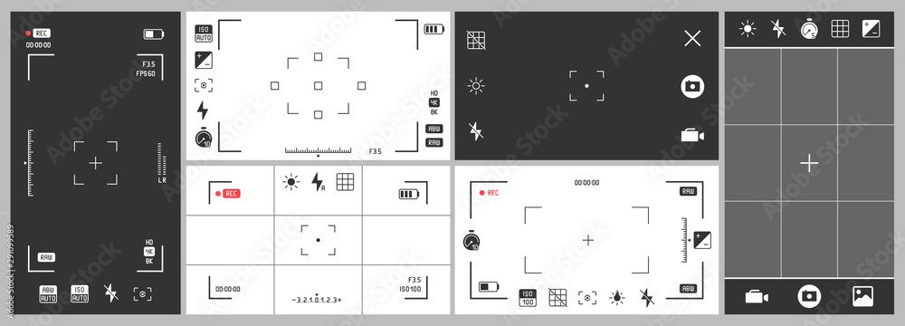 Photo camera viewfinder. Video recording, smartphone photography app ui and  adjustment focus frame. Exposure settings, manual photo focus zoom and  cinematography record frame isolated vector set Stock-Vektorgrafik | Adobe  Stock