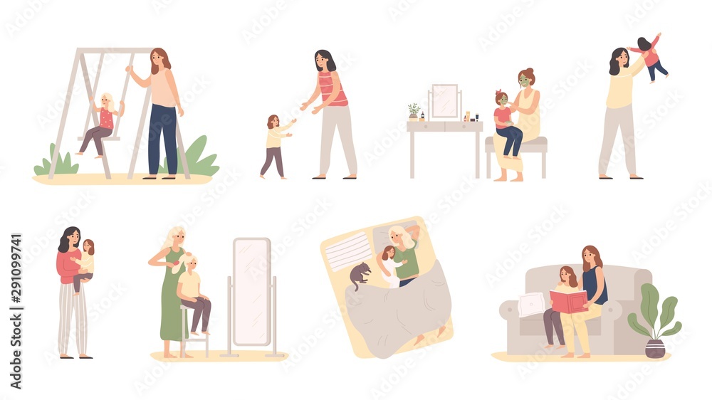 Mother and daughter. Motherhood love, daughters raising and little girl with mom. Mommy caring child, motherhood love or parenting lifestyle. Isolated vector illustration icons set