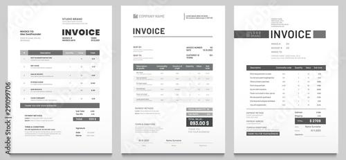 Invoices templates. Price receipt, payment agreement and invoice bill template. Business sales pricing invoices, accounting or bill receipt. Invoice document page isolated vector set photo