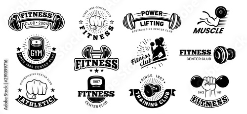 Retro fitness badges. Gym emblem, sport label and black stencil bodybuilding badge. Fit weight training workout logo, athlete team or gym sticker emblem. Isolated vector icons set photo