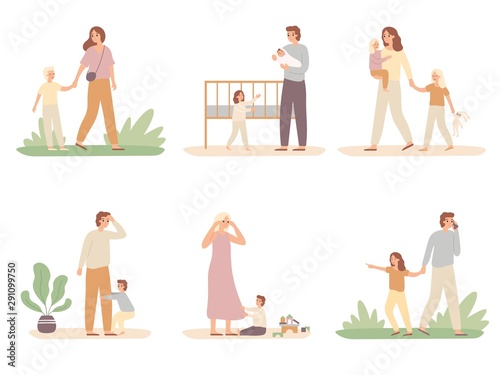 Parenthood problems. Crying child and tired parents, exhausted dad and kids want attention from mother. Isolated vector illustration icons set