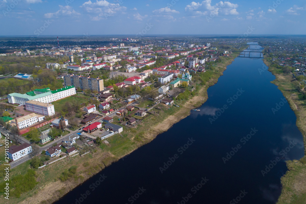 Top view of modern Polotsk and the Western Dvina on a sunny April day (aerial photography). Belarus