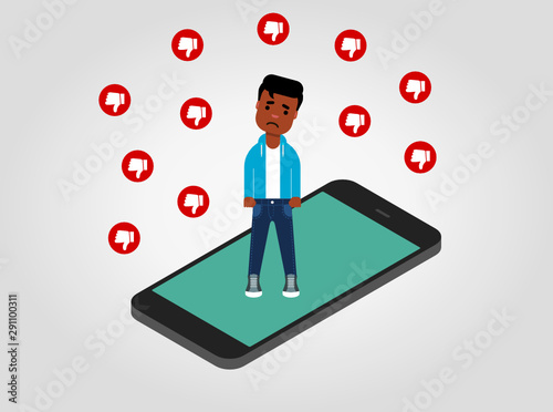 Sad young African american man standing on the mobile phone surrounded by the thumbs down signs. Haters on social networks, dislikes. Hate speech concept. Vector illustration, flat style, clip art.