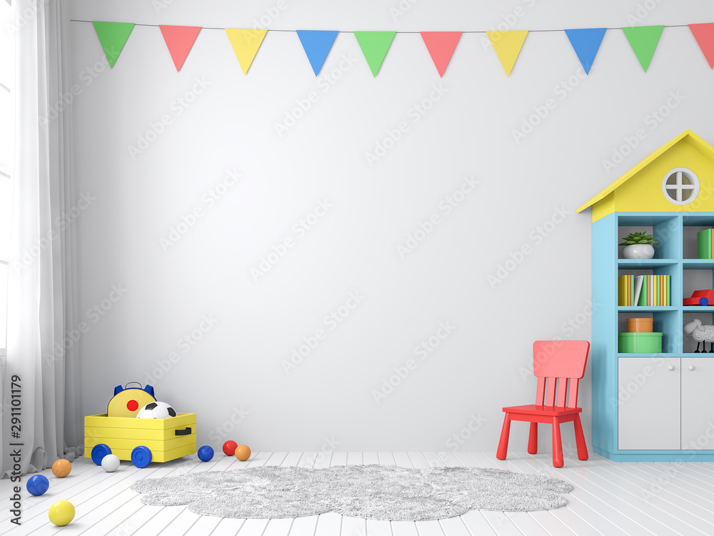 The playroom 3d render has white walls and floors decorated with colorful furniture.The walls are decorated with colorful triangular flags, natural light shines into the room. - obrazy, fototapety, plakaty 