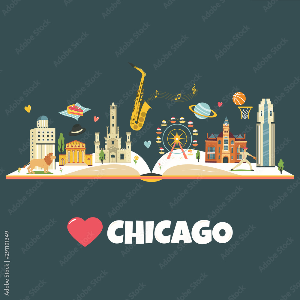 Obraz premium Chicago city poster with landmarks and symbols