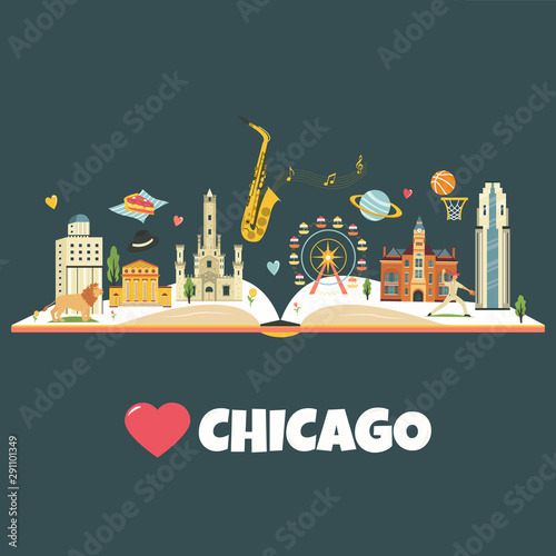 Chicago city poster with landmarks and symbols