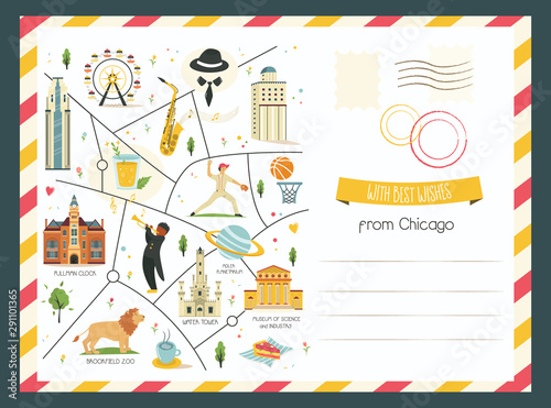 Chicago card with symbols, objects and landmarks