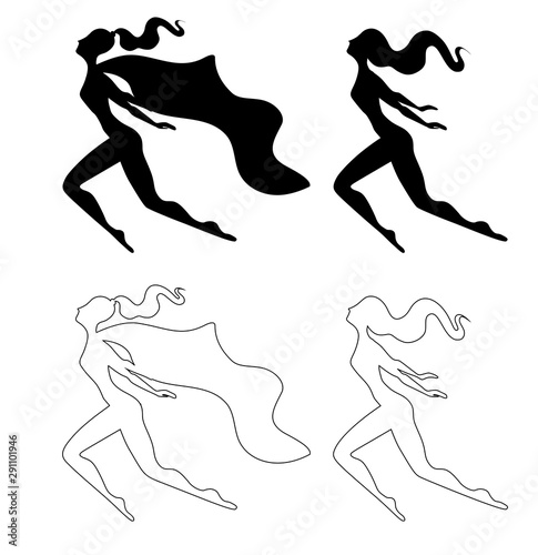 Set of silhouettes of flying super women. Black and contour figures of girls with capes. Outlines of people isolated on a white background. Feminism and girl power. Vector element for icons, logos.