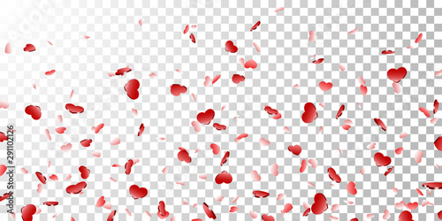 Heart falling confetti isolated white transparent background. Red fall hearts. Valentine day decoration. Love element design, hearts-shape confetti wedding card, romantic holiday. Vector illustration